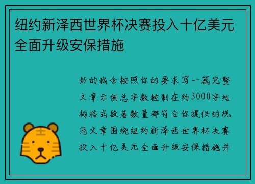 纽约新泽西世界杯决赛投入十亿美元全面升级安保措施